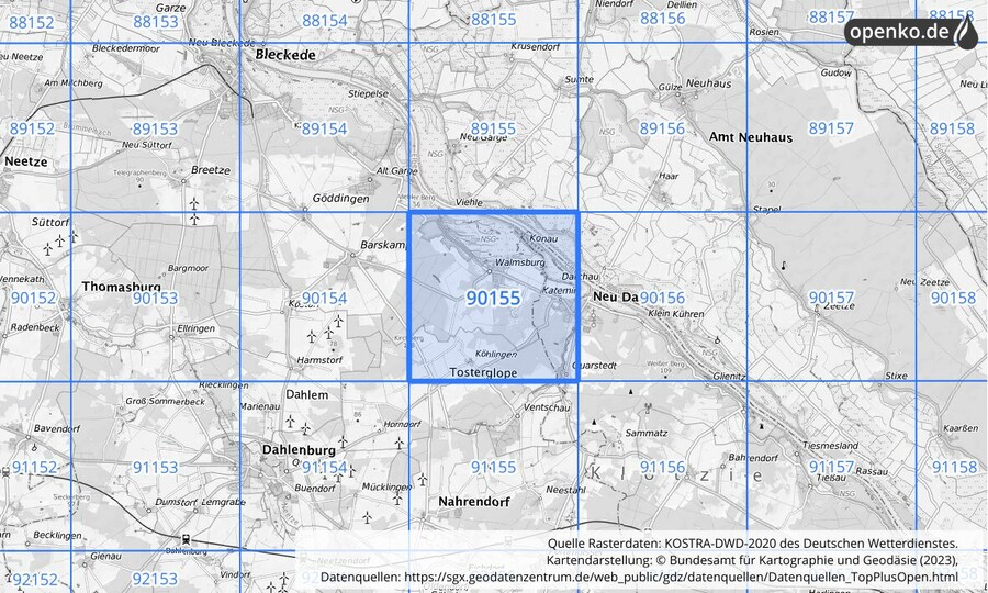 Übersichtskarte des KOSTRA-DWD-2020-Rasterfeldes Nr. 90155