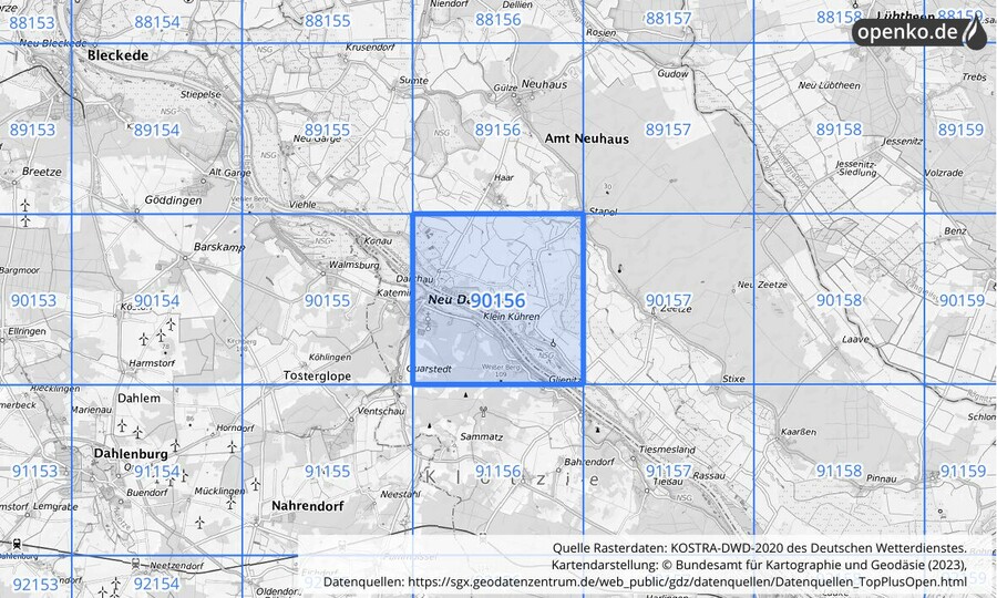 Übersichtskarte des KOSTRA-DWD-2020-Rasterfeldes Nr. 90156