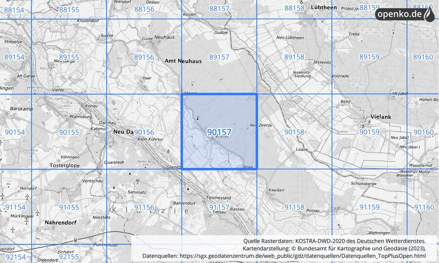 Übersichtskarte des KOSTRA-DWD-2020-Rasterfeldes Nr. 90157