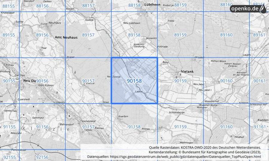 Übersichtskarte des KOSTRA-DWD-2020-Rasterfeldes Nr. 90158