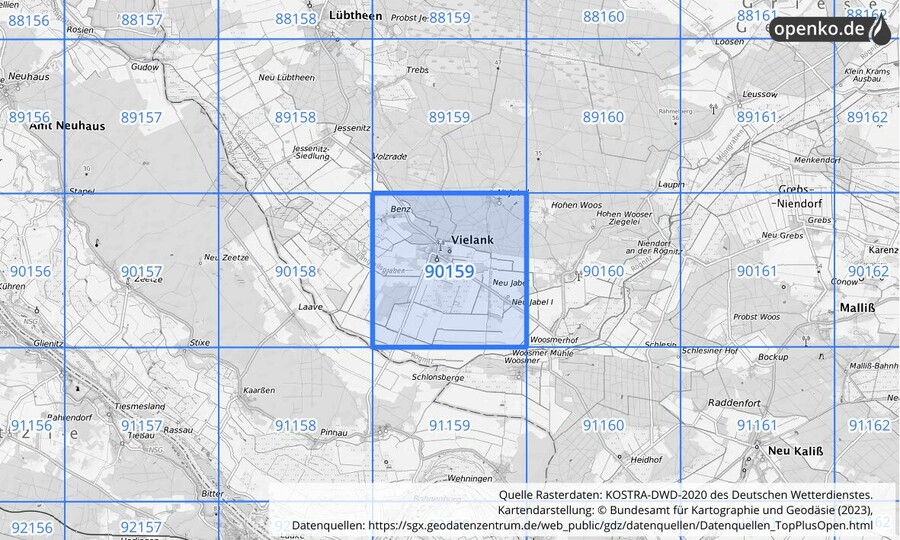 Übersichtskarte des KOSTRA-DWD-2020-Rasterfeldes Nr. 90159