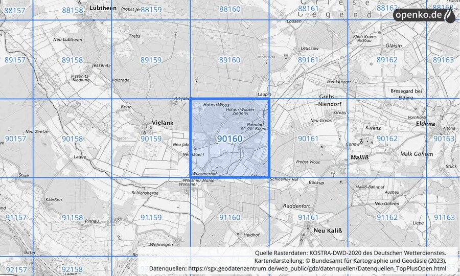 Übersichtskarte des KOSTRA-DWD-2020-Rasterfeldes Nr. 90160