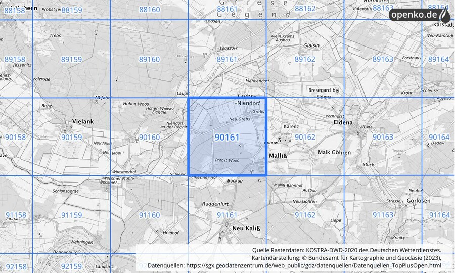 Übersichtskarte des KOSTRA-DWD-2020-Rasterfeldes Nr. 90161