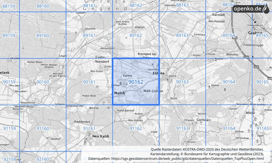 Übersichtskarte des KOSTRA-DWD-2020-Rasterfeldes Nr. 90162