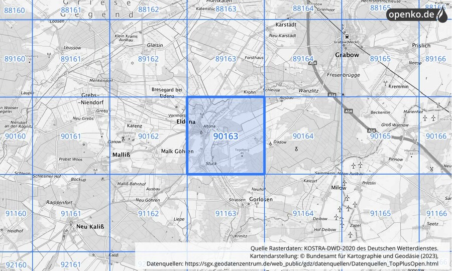 Übersichtskarte des KOSTRA-DWD-2020-Rasterfeldes Nr. 90163