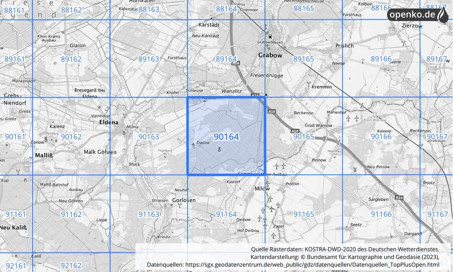 Übersichtskarte des KOSTRA-DWD-2020-Rasterfeldes Nr. 90164