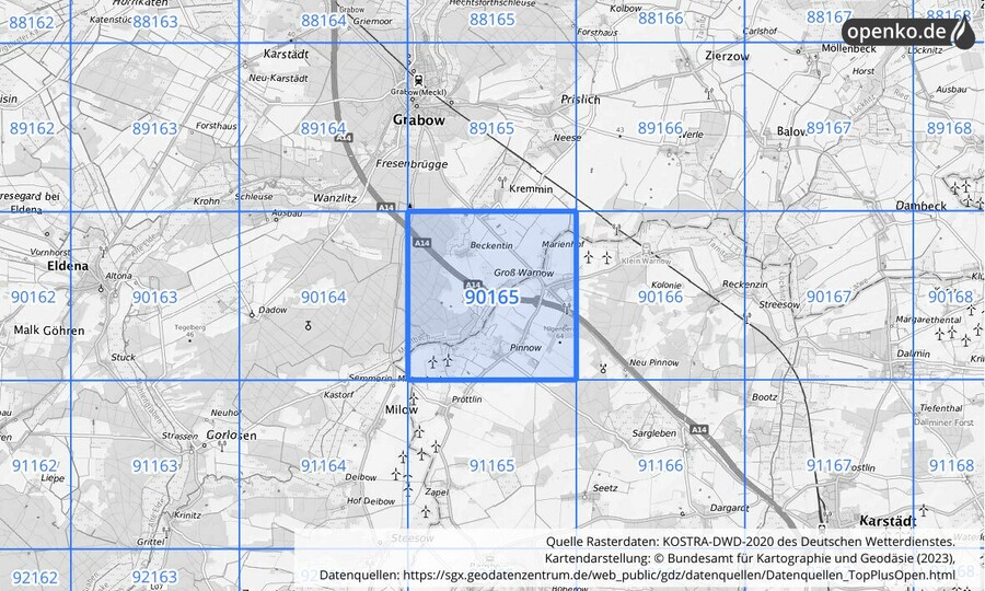 Übersichtskarte des KOSTRA-DWD-2020-Rasterfeldes Nr. 90165