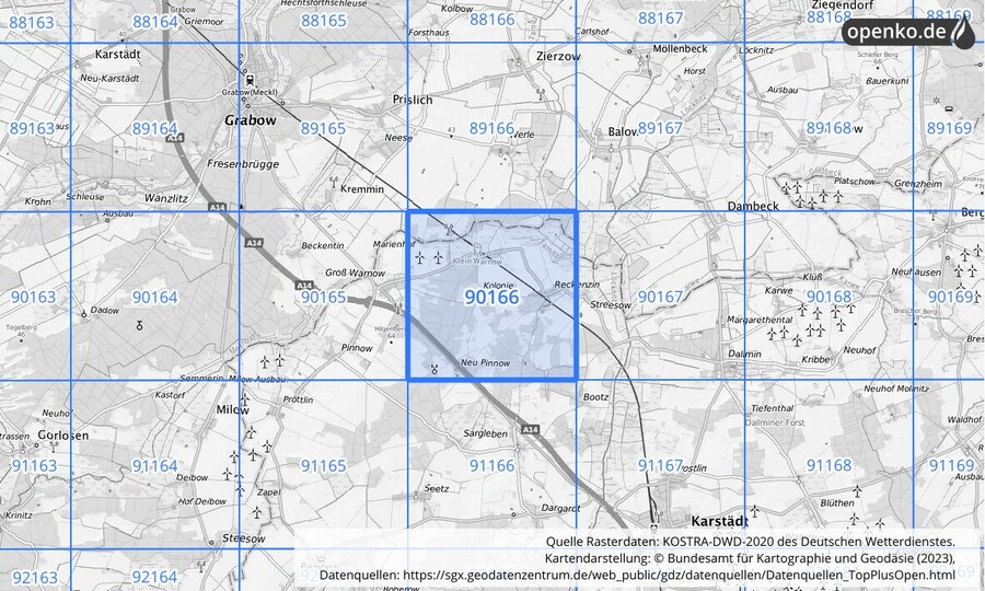 Übersichtskarte des KOSTRA-DWD-2020-Rasterfeldes Nr. 90166