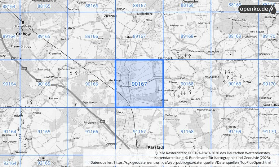 Übersichtskarte des KOSTRA-DWD-2020-Rasterfeldes Nr. 90167