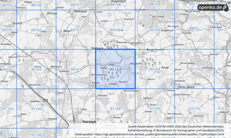 Übersichtskarte des KOSTRA-DWD-2020-Rasterfeldes Nr. 90168