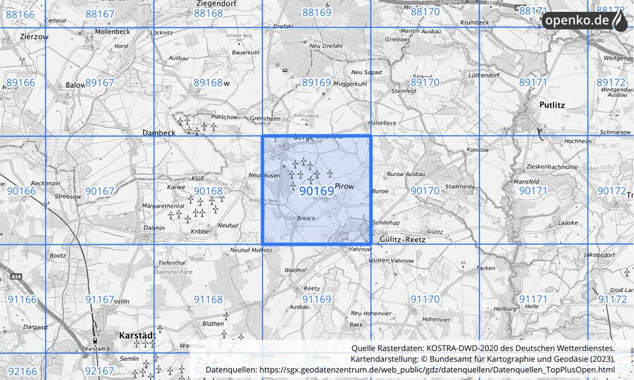 Übersichtskarte des KOSTRA-DWD-2020-Rasterfeldes Nr. 90169