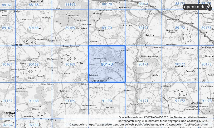 Übersichtskarte des KOSTRA-DWD-2020-Rasterfeldes Nr. 90170