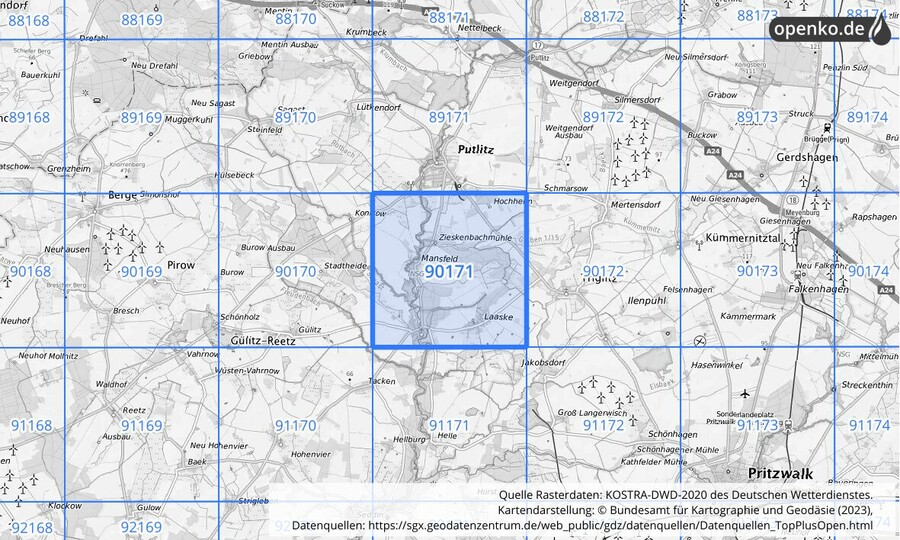 Übersichtskarte des KOSTRA-DWD-2020-Rasterfeldes Nr. 90171