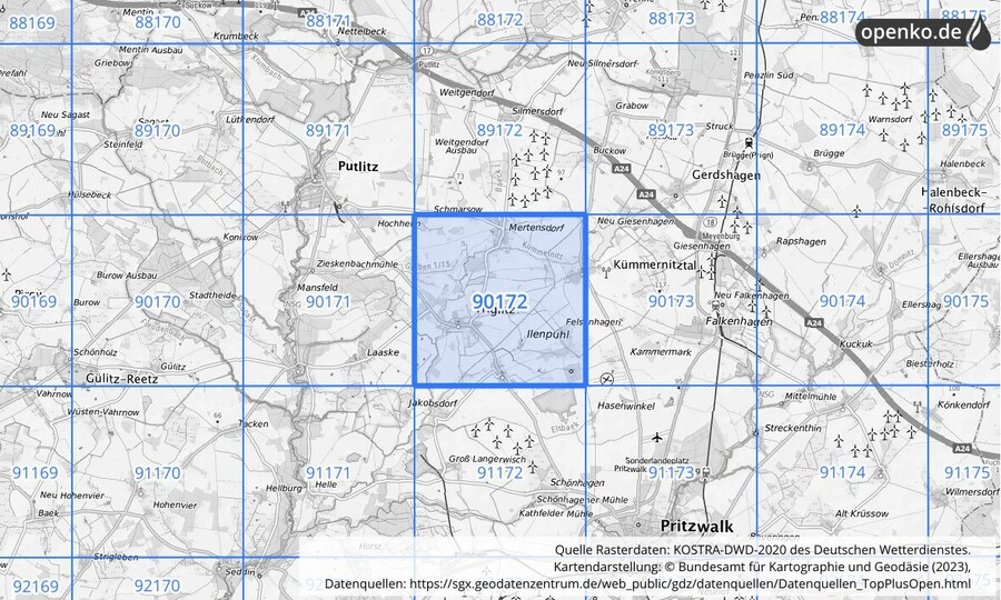 Übersichtskarte des KOSTRA-DWD-2020-Rasterfeldes Nr. 90172