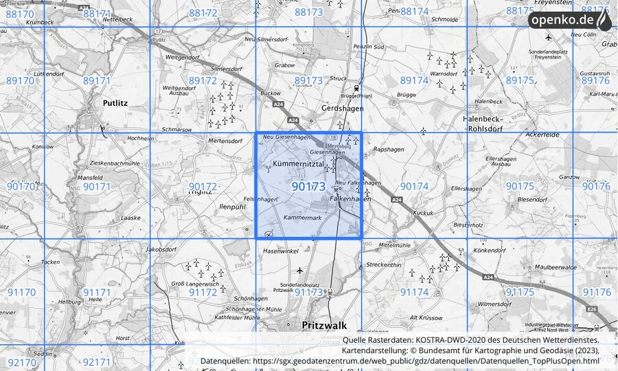 Übersichtskarte des KOSTRA-DWD-2020-Rasterfeldes Nr. 90173