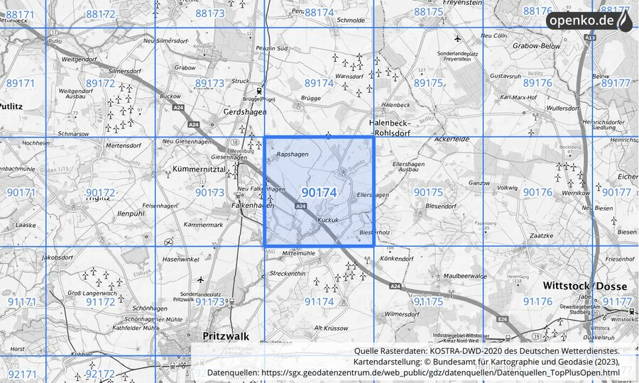 Übersichtskarte des KOSTRA-DWD-2020-Rasterfeldes Nr. 90174