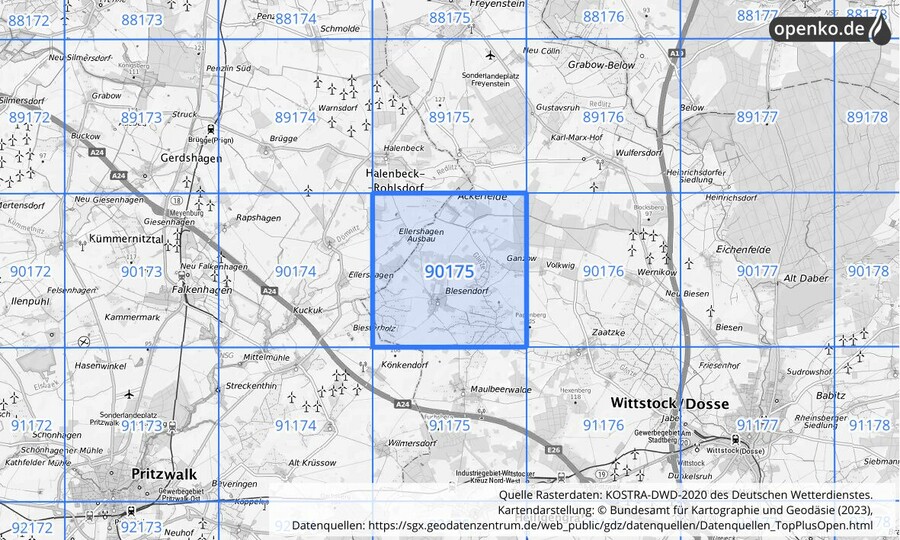 Übersichtskarte des KOSTRA-DWD-2020-Rasterfeldes Nr. 90175