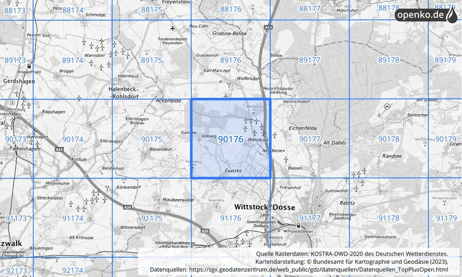 Übersichtskarte des KOSTRA-DWD-2020-Rasterfeldes Nr. 90176