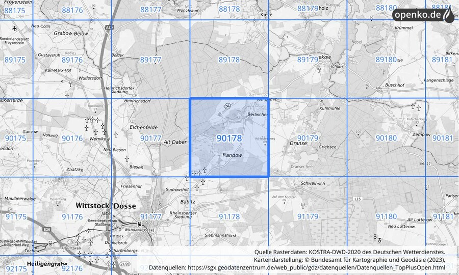 Übersichtskarte des KOSTRA-DWD-2020-Rasterfeldes Nr. 90178