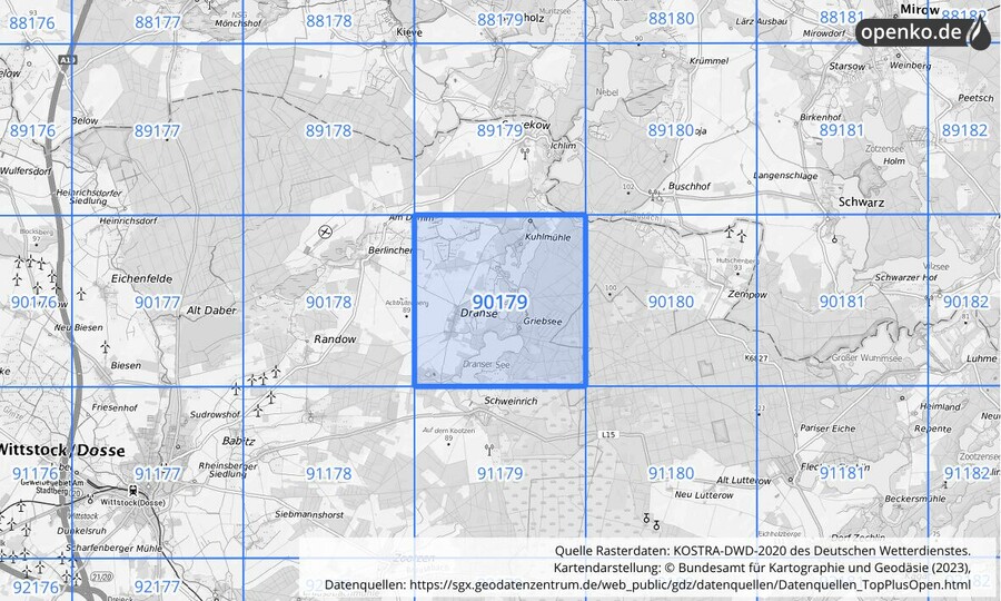 Übersichtskarte des KOSTRA-DWD-2020-Rasterfeldes Nr. 90179