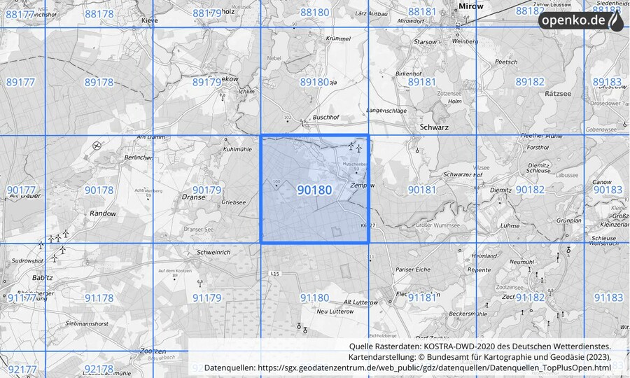 Übersichtskarte des KOSTRA-DWD-2020-Rasterfeldes Nr. 90180