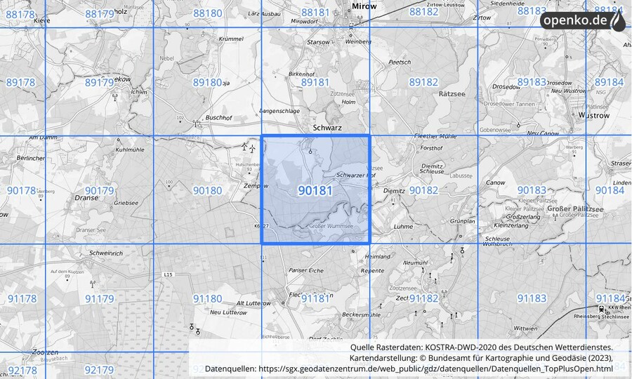 Übersichtskarte des KOSTRA-DWD-2020-Rasterfeldes Nr. 90181