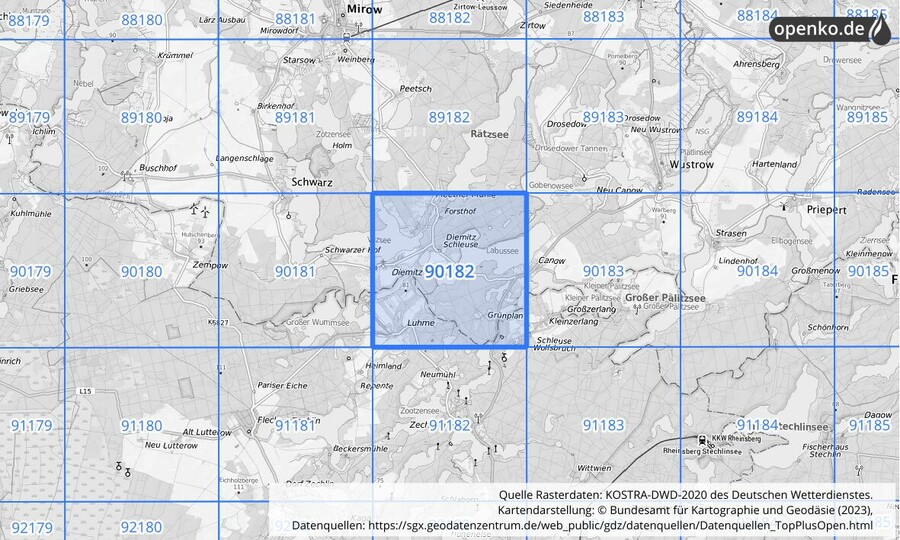 Übersichtskarte des KOSTRA-DWD-2020-Rasterfeldes Nr. 90182