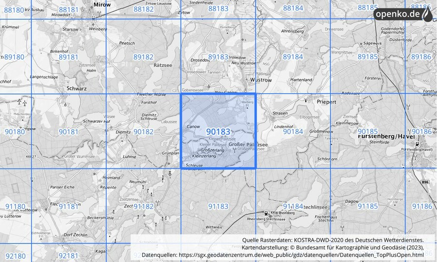 Übersichtskarte des KOSTRA-DWD-2020-Rasterfeldes Nr. 90183