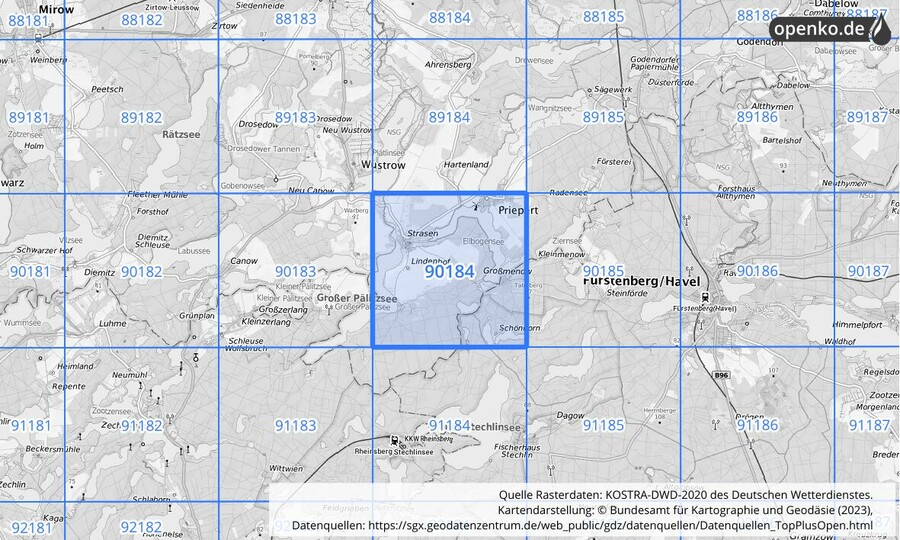 Übersichtskarte des KOSTRA-DWD-2020-Rasterfeldes Nr. 90184