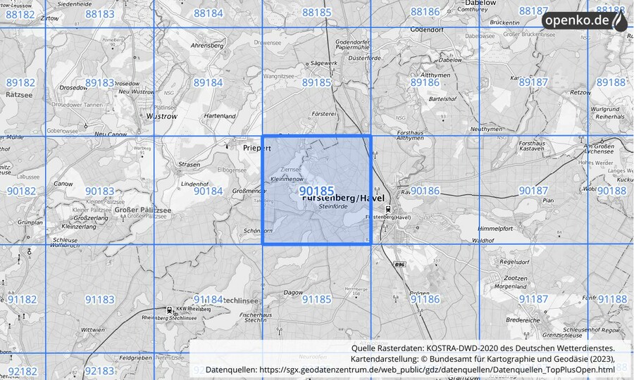 Übersichtskarte des KOSTRA-DWD-2020-Rasterfeldes Nr. 90185