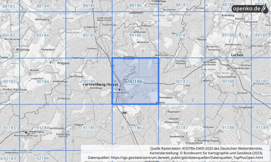 Übersichtskarte des KOSTRA-DWD-2020-Rasterfeldes Nr. 90186