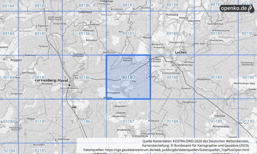 Übersichtskarte des KOSTRA-DWD-2020-Rasterfeldes Nr. 90187