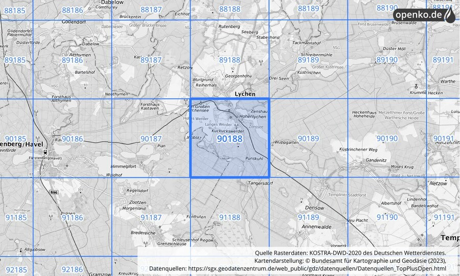 Übersichtskarte des KOSTRA-DWD-2020-Rasterfeldes Nr. 90188