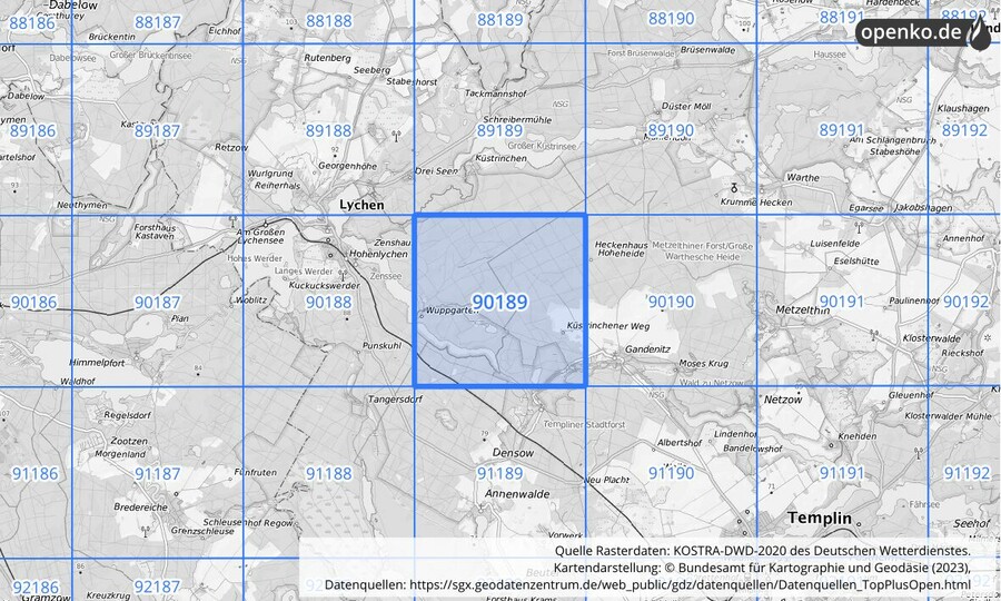 Übersichtskarte des KOSTRA-DWD-2020-Rasterfeldes Nr. 90189