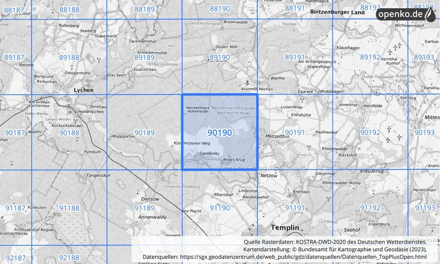 Übersichtskarte des KOSTRA-DWD-2020-Rasterfeldes Nr. 90190