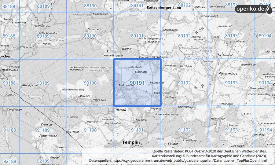 Übersichtskarte des KOSTRA-DWD-2020-Rasterfeldes Nr. 90191