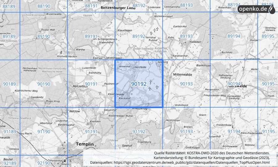 Übersichtskarte des KOSTRA-DWD-2020-Rasterfeldes Nr. 90192