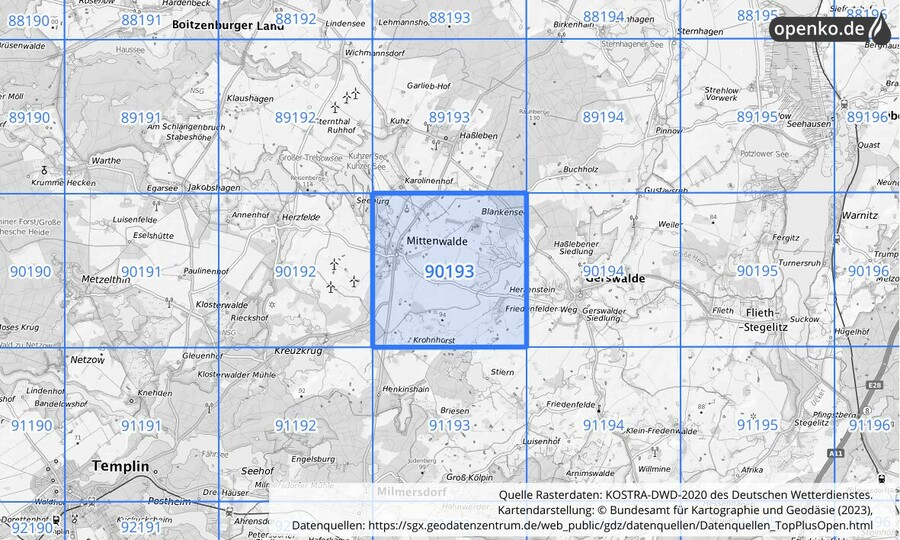 Übersichtskarte des KOSTRA-DWD-2020-Rasterfeldes Nr. 90193