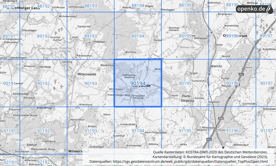 Übersichtskarte des KOSTRA-DWD-2020-Rasterfeldes Nr. 90194