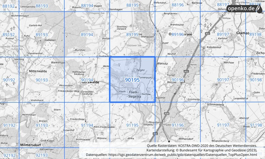 Übersichtskarte des KOSTRA-DWD-2020-Rasterfeldes Nr. 90195