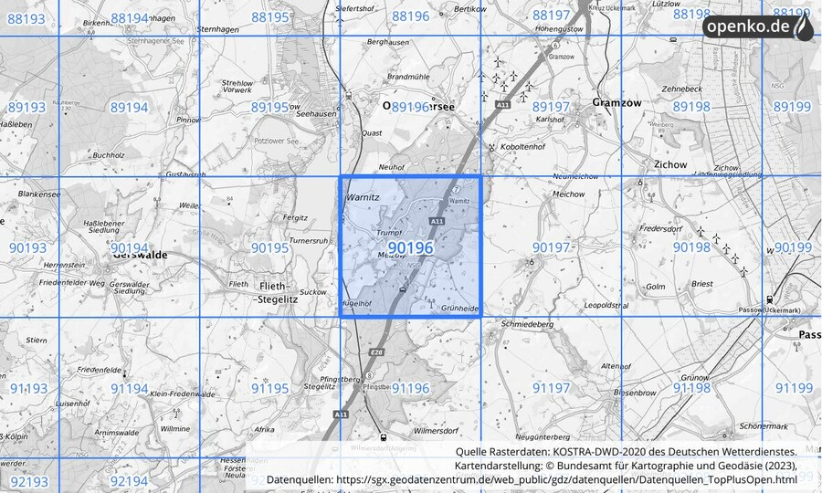 Übersichtskarte des KOSTRA-DWD-2020-Rasterfeldes Nr. 90196