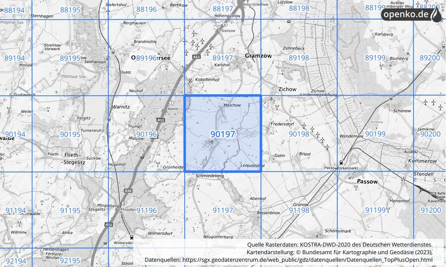 Übersichtskarte des KOSTRA-DWD-2020-Rasterfeldes Nr. 90197