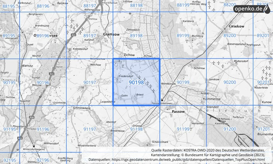 Übersichtskarte des KOSTRA-DWD-2020-Rasterfeldes Nr. 90198