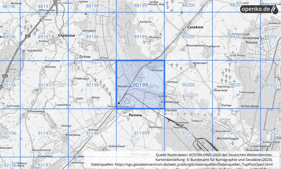 Übersichtskarte des KOSTRA-DWD-2020-Rasterfeldes Nr. 90199