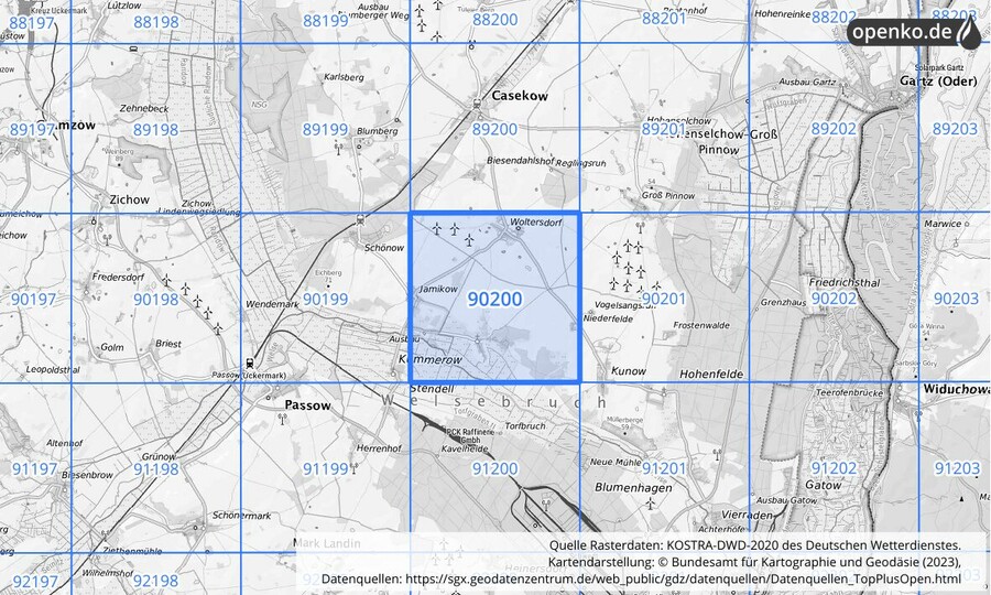 Übersichtskarte des KOSTRA-DWD-2020-Rasterfeldes Nr. 90200