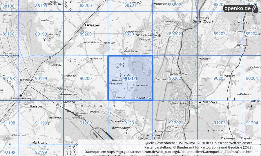 Übersichtskarte des KOSTRA-DWD-2020-Rasterfeldes Nr. 90201