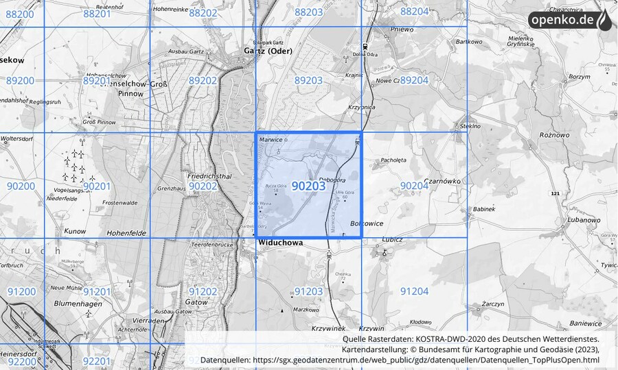 Übersichtskarte des KOSTRA-DWD-2020-Rasterfeldes Nr. 90203