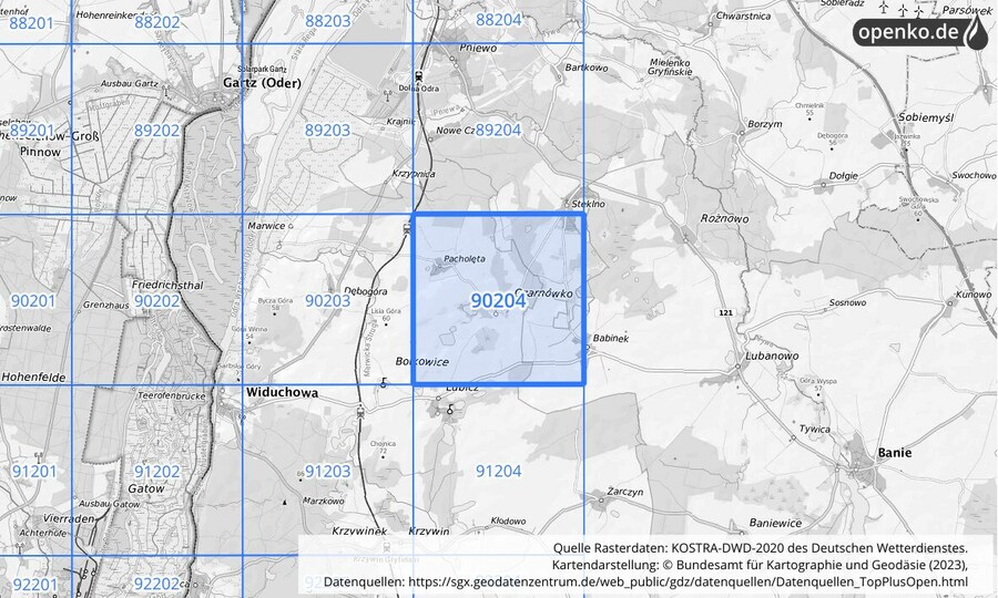 Übersichtskarte des KOSTRA-DWD-2020-Rasterfeldes Nr. 90204
