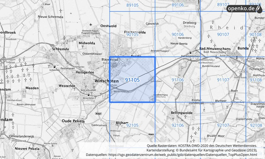 Übersichtskarte des KOSTRA-DWD-2020-Rasterfeldes Nr. 91105