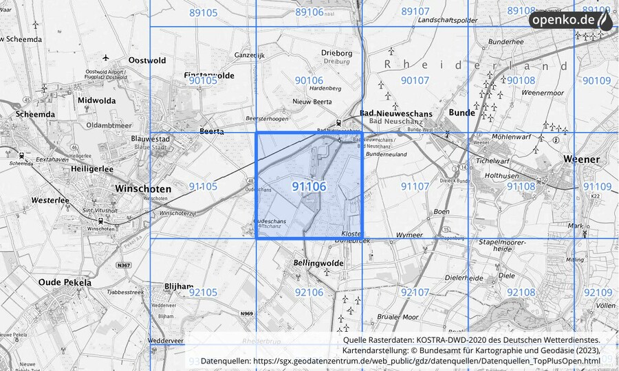 Übersichtskarte des KOSTRA-DWD-2020-Rasterfeldes Nr. 91106